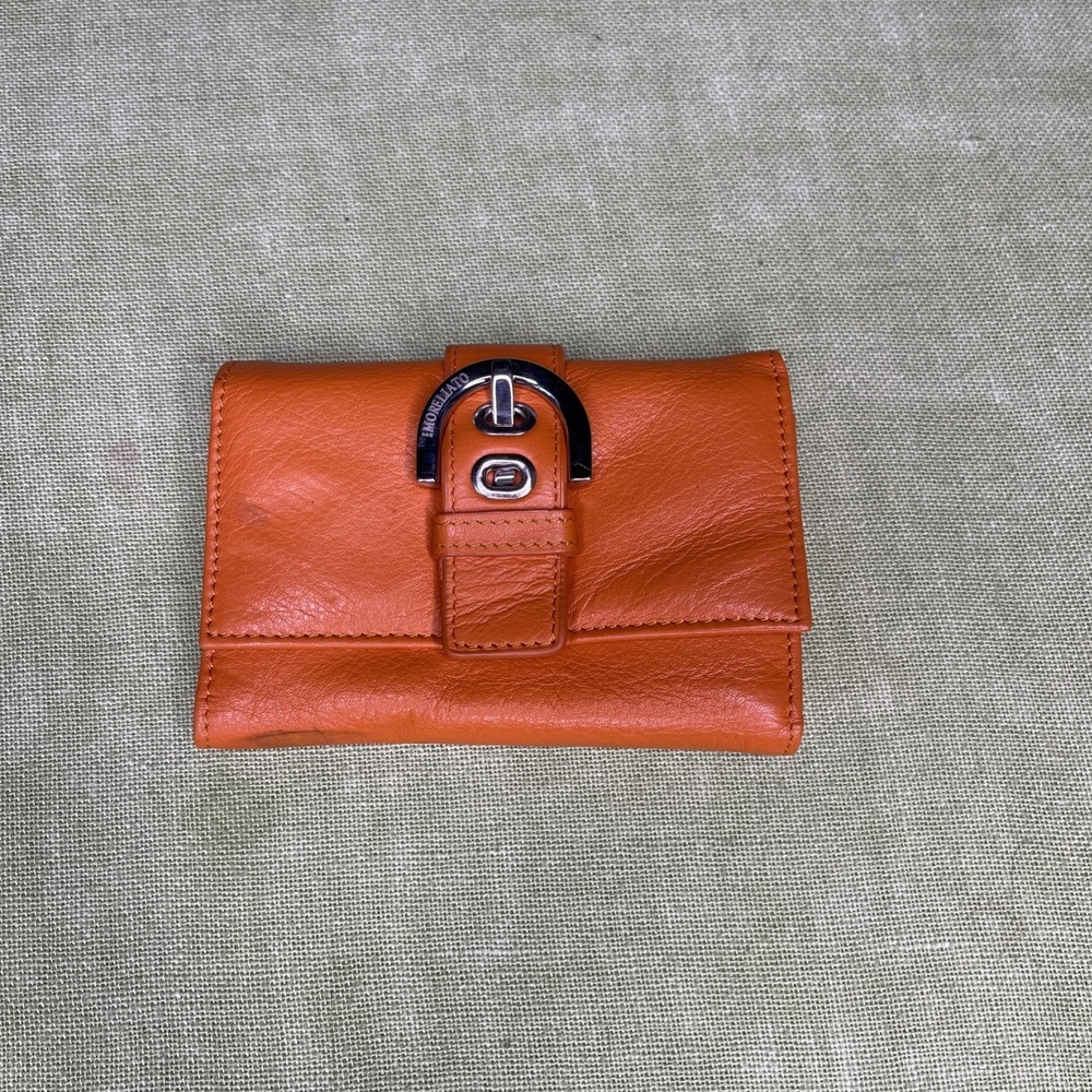 Morellato Orange Leather Tri-Fold Wallet Women's Compact Snap Buckle Card Holder